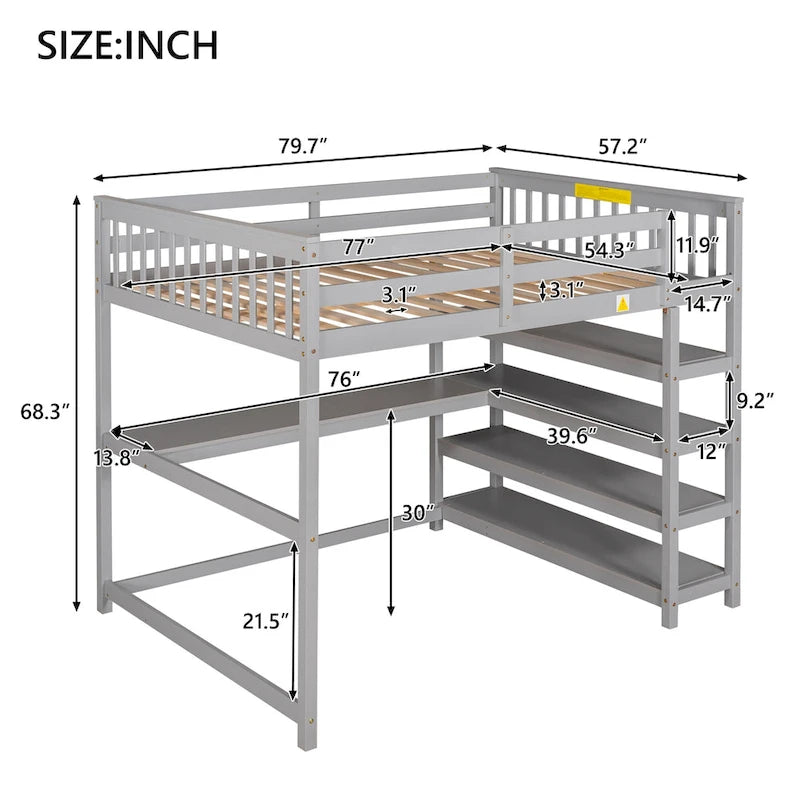 Full Size Loft Bed with Storage Shelves and Under-bed Desk, Espresso