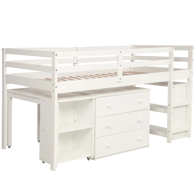 Low Study Twin Loft Bed with Cabinet and Rolling Portable Desk - Espresso