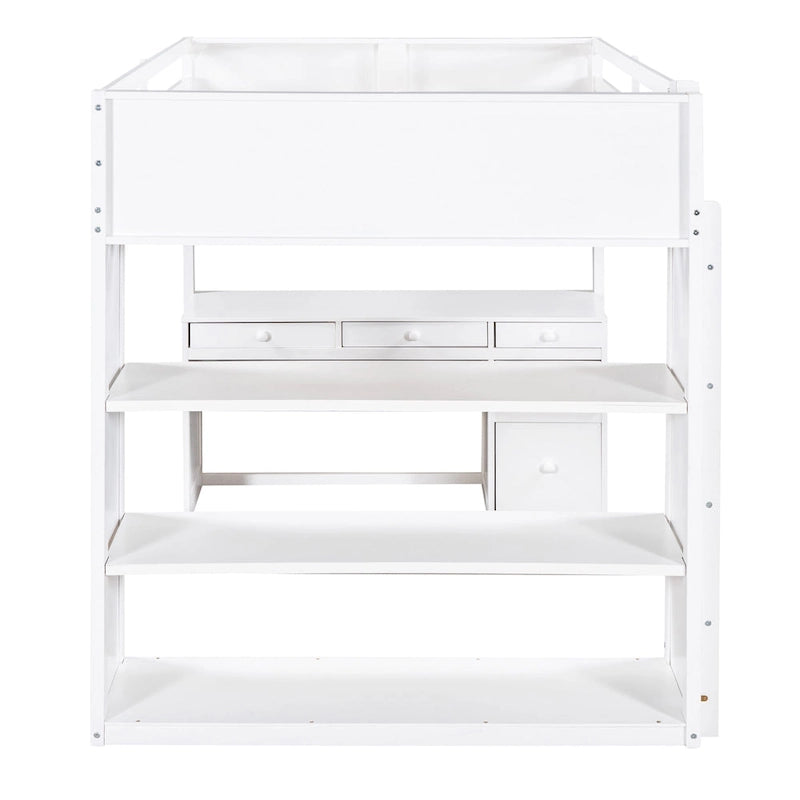 Full Size Loft Bed with Ladder, Shelves, and Desk, Gray