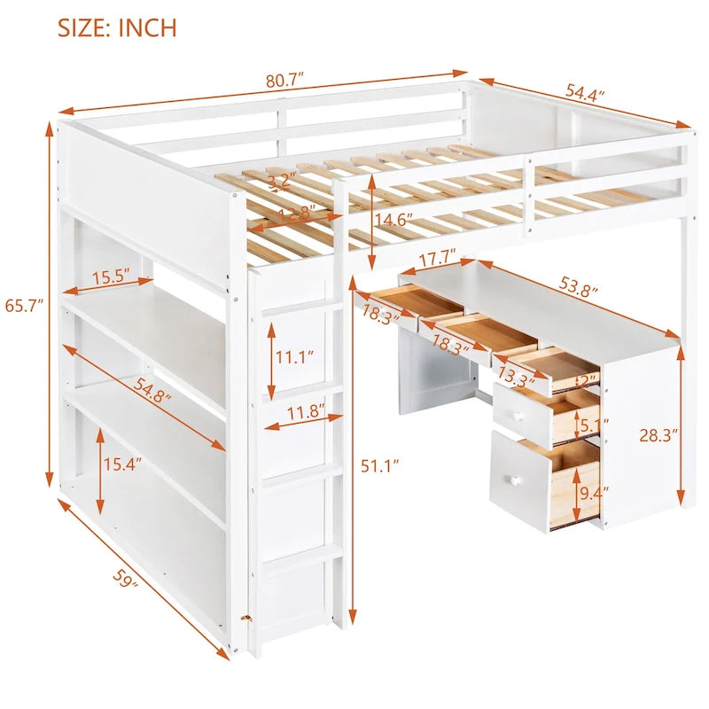 Full Size Loft Bed with Ladder, Shelves, and Desk, Gray