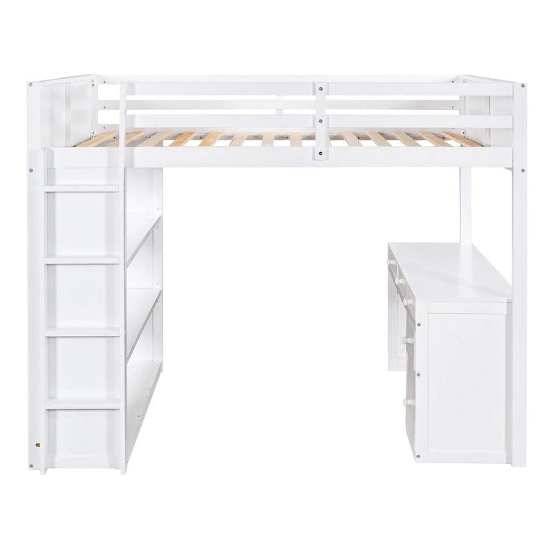 Full Size Loft Bed with Ladder, Shelves, and Desk, Gray
