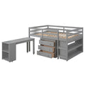 Low Study Full Loft Bed with Cabinet ,Shelves and Rolling Portable Desk ,Multiple Functions Bed- Espresso