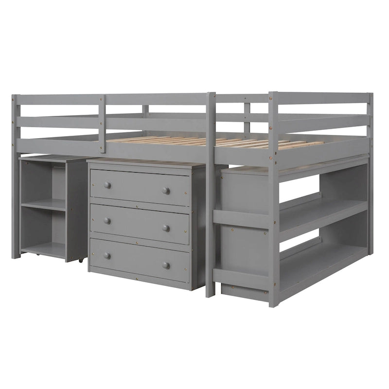 Low Study Full Loft Bed with Cabinet ,Shelves and Rolling Portable Desk ,Multiple Functions Bed- Espresso