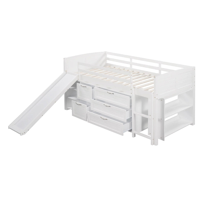 Low Twin Size Loft Bed with Cabinets, Shelves and Slide - Espresso