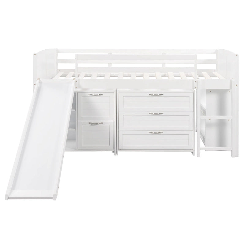 Low Twin Size Loft Bed with Cabinets, Shelves and Slide - Espresso