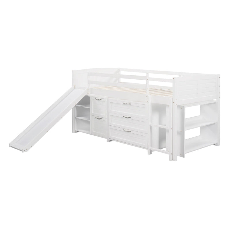 Low Twin Size Loft Bed with Cabinets, Shelves and Slide - Espresso