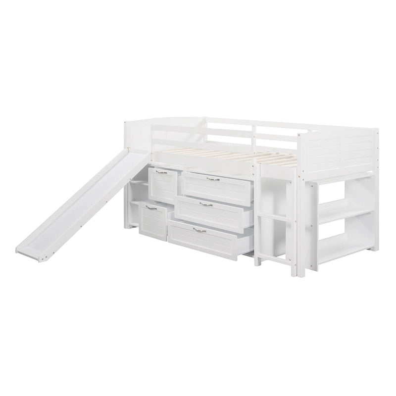 Low Twin Size Loft Bed with Cabinets, Shelves and Slide - Espresso