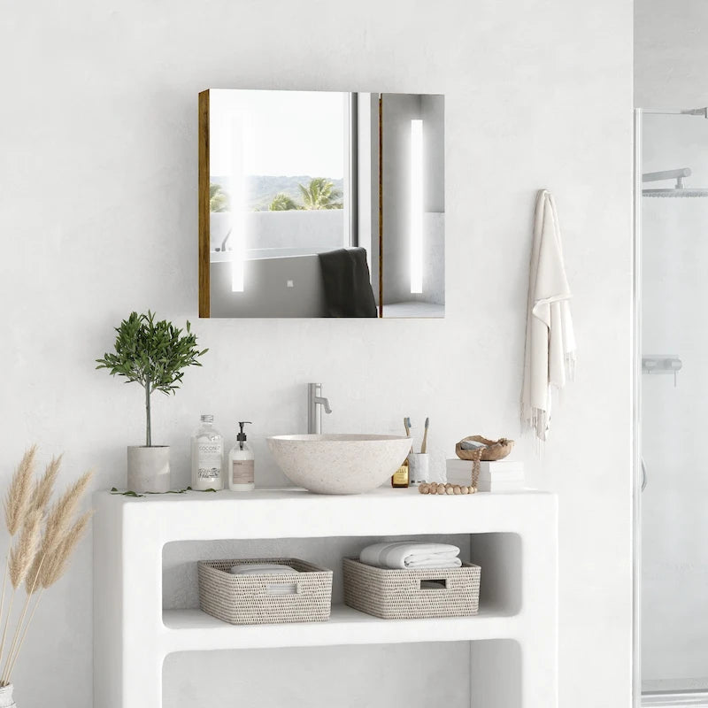 kleankin 27.5 Inch x 25.5 Inch LED Lighted Medicine Cabinet with Mirror, Wall Mounted Dimmable Bathroom Cabinet