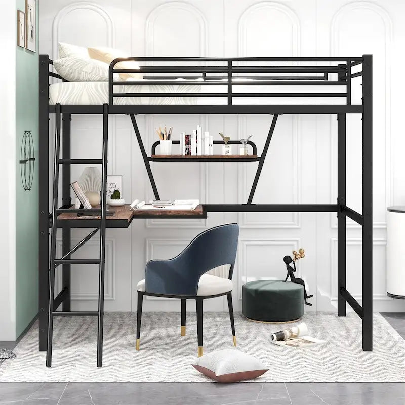 Merax Metal Loft Bed with L-shaped Desk and Shelf