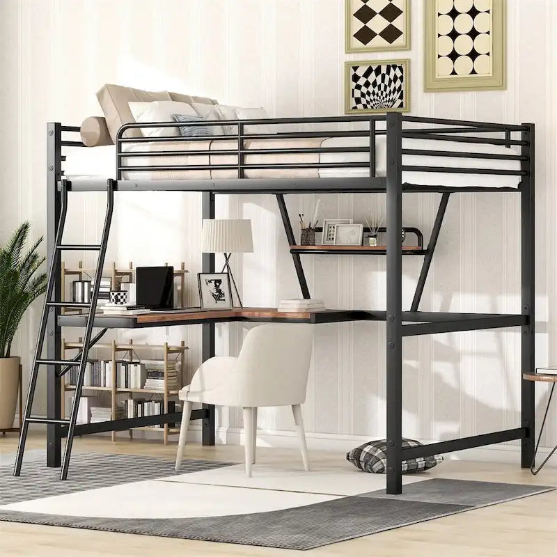 Merax Metal Loft Bed with L-shaped Desk and Shelf