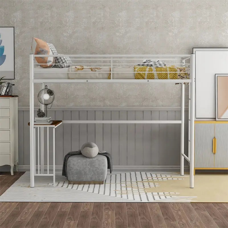 Merax Twin Metal Loft Bed with Desk, Ladder, and Guardrails