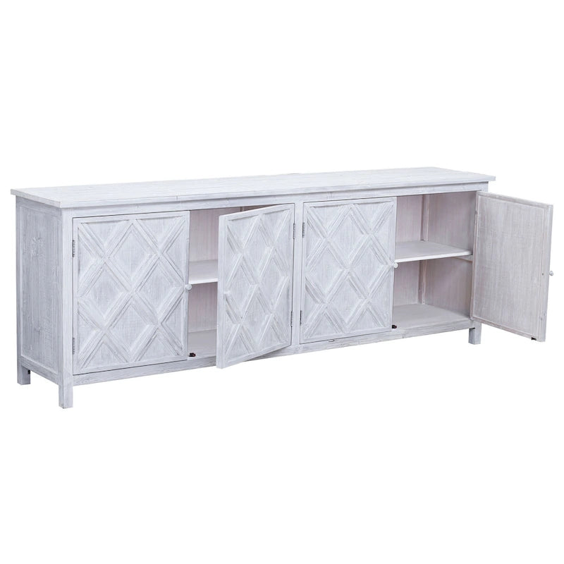 Kendra 94 Reclaimed Pine White Washed Painted Carved Sideboard