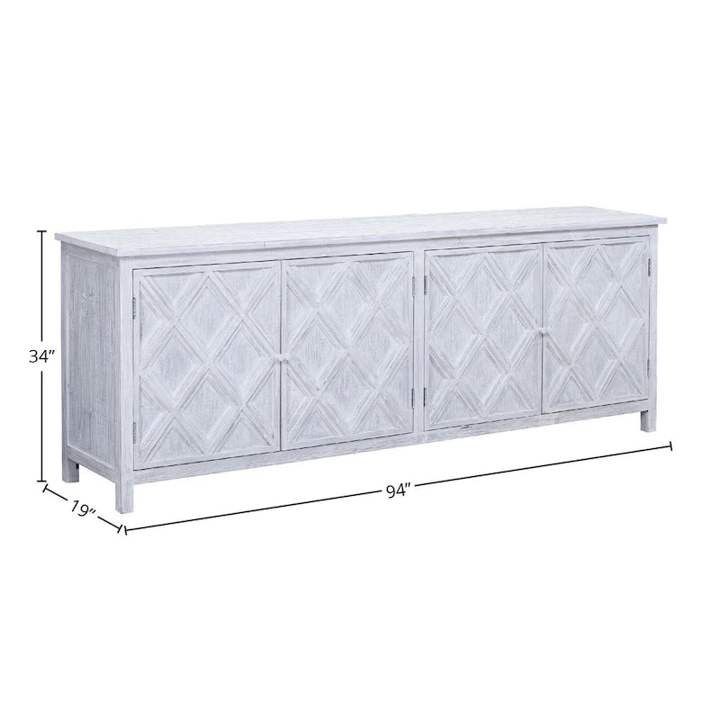 Kendra 94 Reclaimed Pine White Washed Painted Carved Sideboard