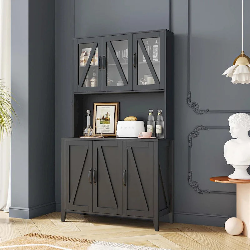 Large Kitchen Pantry Storage Cabinet with Glass Doors,Drawers & Open Shelves