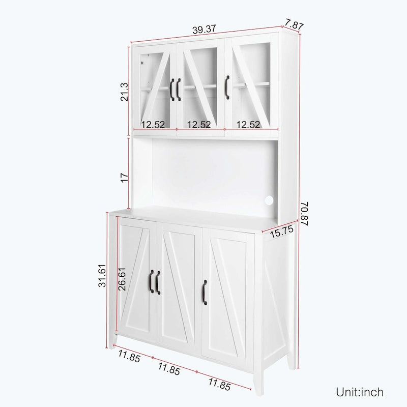 Large Kitchen Pantry Storage Cabinet with Glass Doors,Drawers & Open Shelves