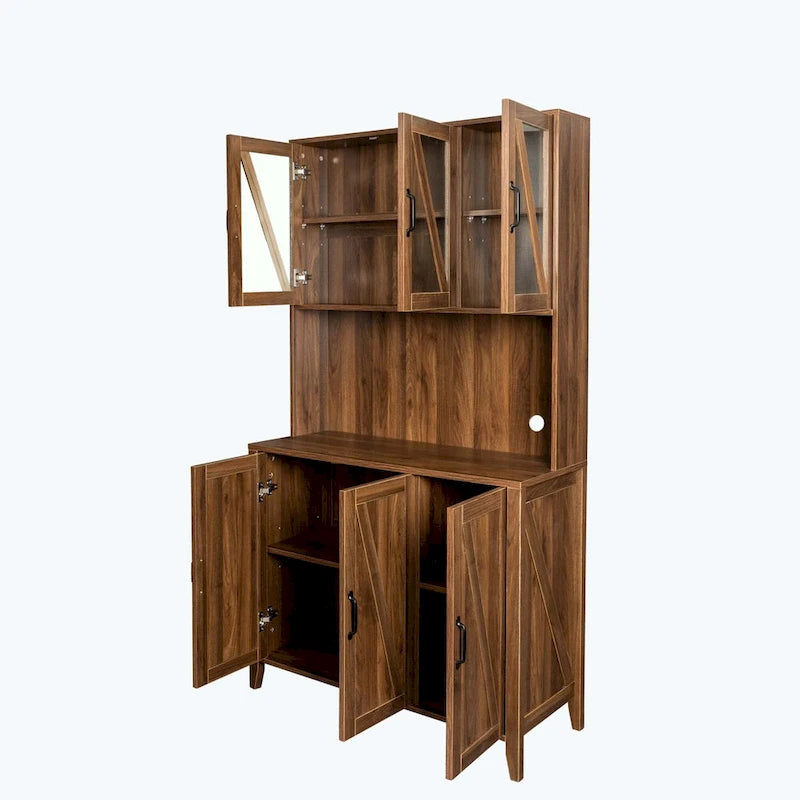Large Kitchen Pantry Storage Cabinet with Glass Doors,Drawers & Open Shelves