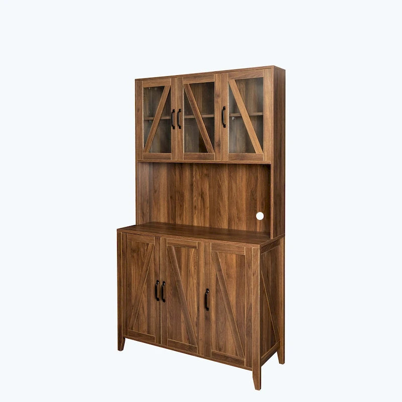 Large Kitchen Pantry Storage Cabinet with Glass Doors,Drawers & Open Shelves