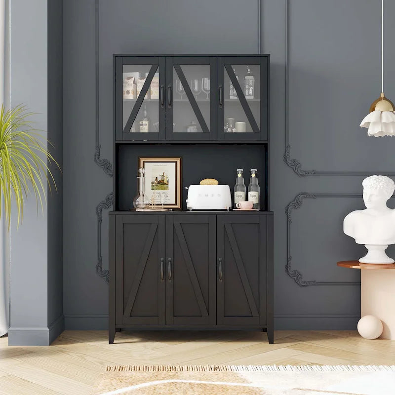 Large Kitchen Pantry Storage Cabinet with Glass Doors,Drawers & Open Shelves