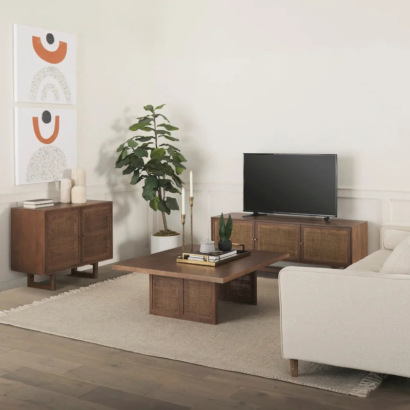 Grier Medium Brown Solid Wood w/ Cane Doors Accent Cabinet