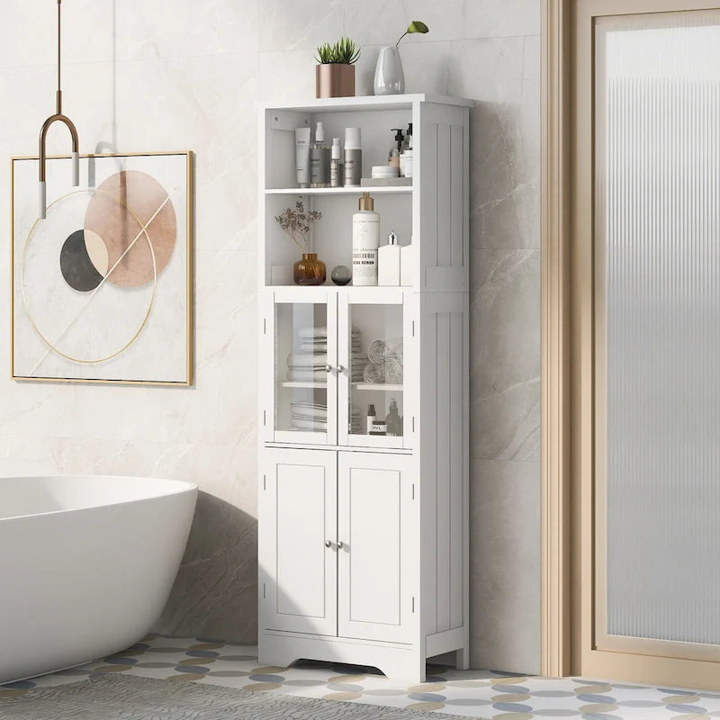 White Tall Bathroom Storage Cabinet with Shelves and Doors for Kitchen and Living Room - 23W x64H