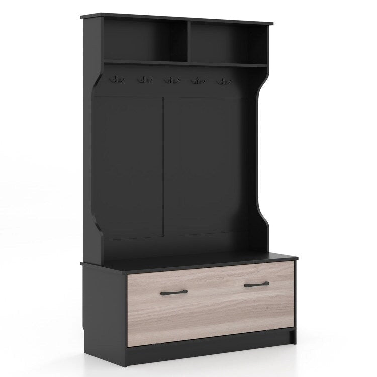 3 in 1 Coat Rack with Entryway Bench and Hooks and Enclosed Cabinet - 39.5 x 16 x 63