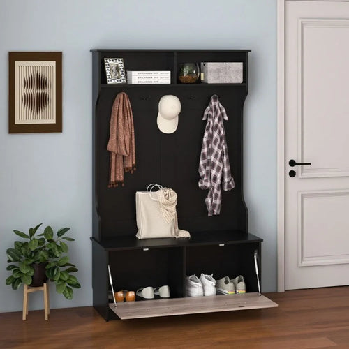 3 in 1 Coat Rack with Entryway Bench and Hooks and Enclosed Cabinet - 39.5 x 16 x 63