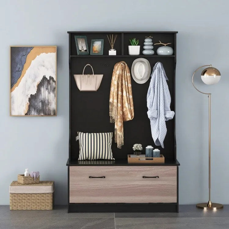3 in 1 Coat Rack with Entryway Bench and Hooks and Enclosed Cabinet - 39.5 x 16 x 63