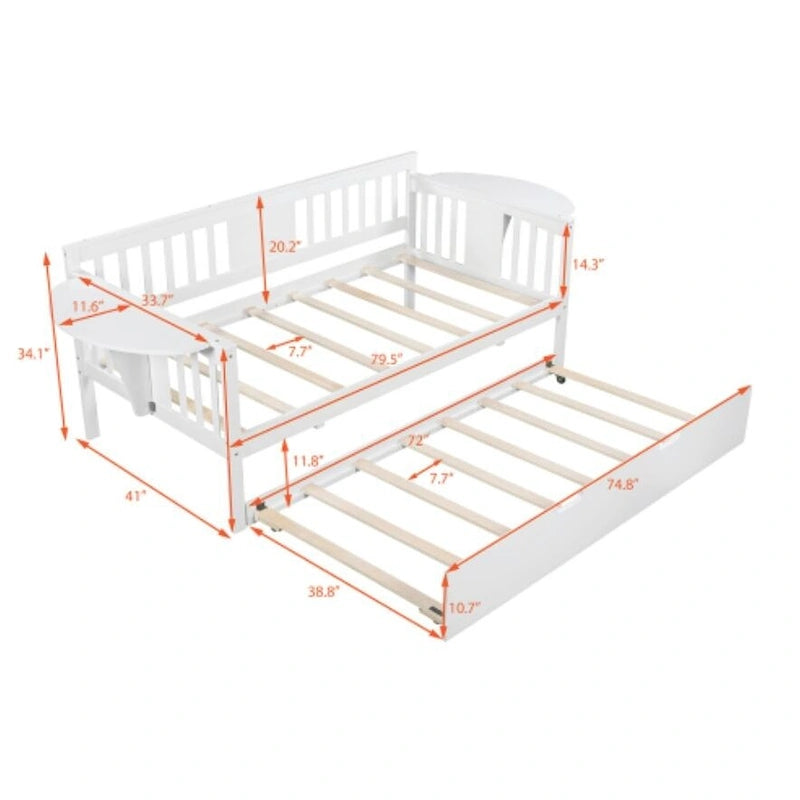 Twin Wooden Daybed with Trundle Bed in White