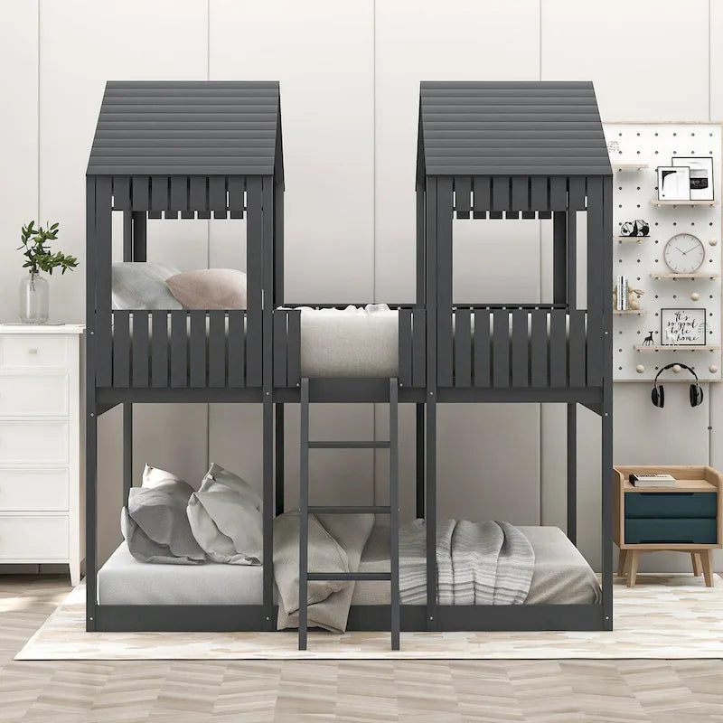 Full Over Full Wood Bunk Bed with Roof, Window, Guardrail, Ladder