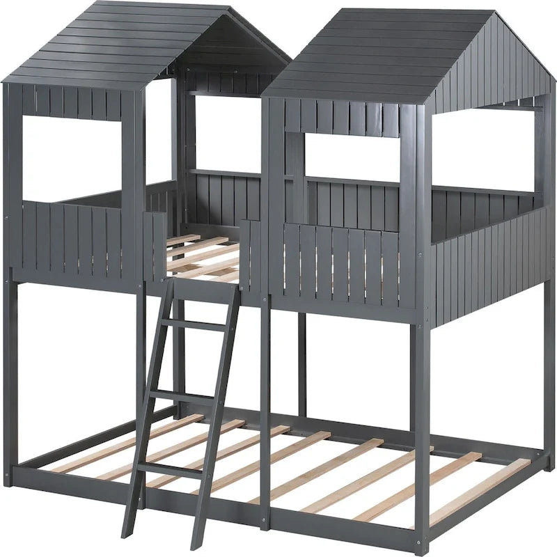 Full Over Full Wood Bunk Bed with Roof, Window, Guardrail, Ladder