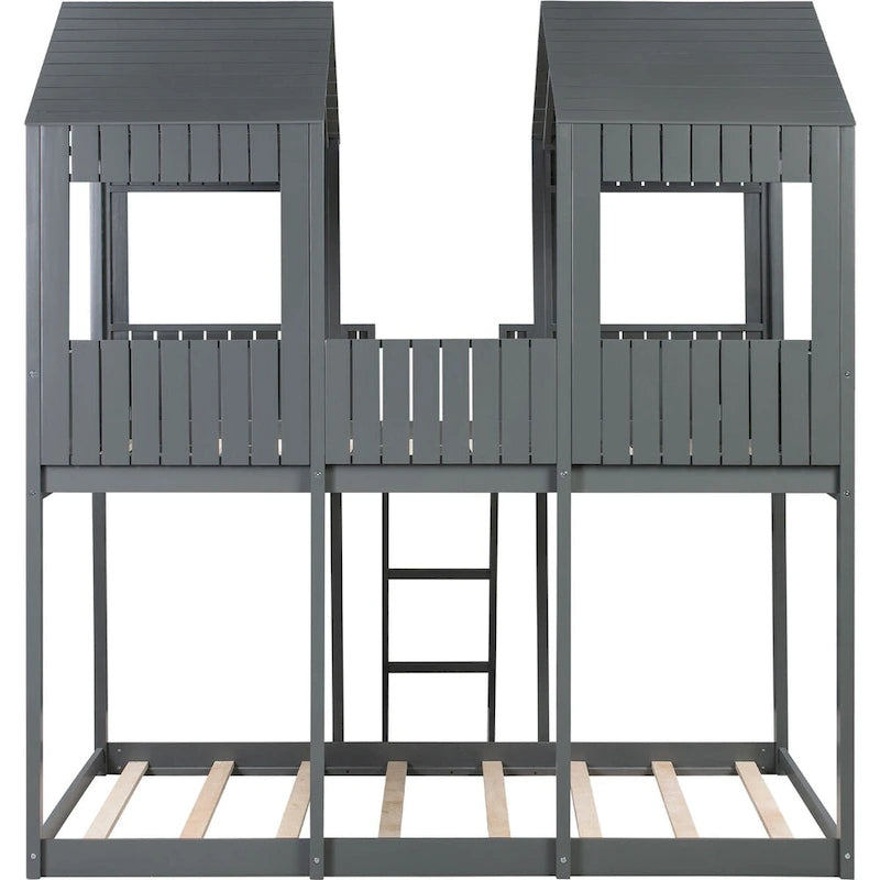 Full Over Full Wood Bunk Bed with Roof, Window, Guardrail, Ladder