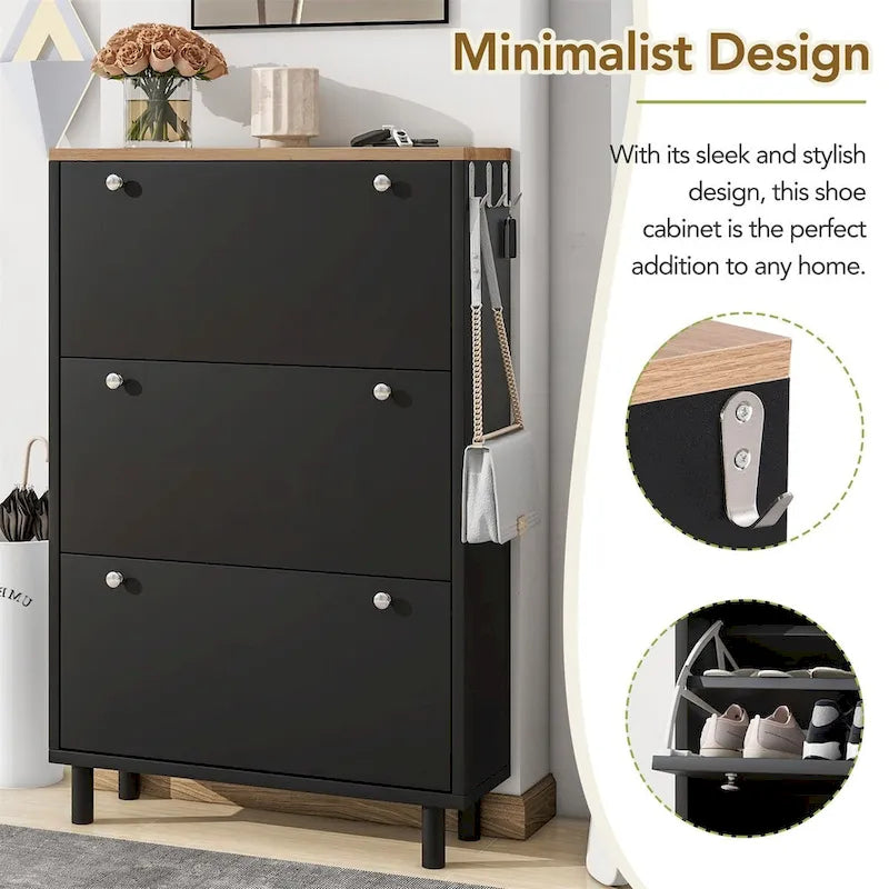 Merax Narrow Design Shoe Cabinet with 3 Flip Drawers, 3 Hooks