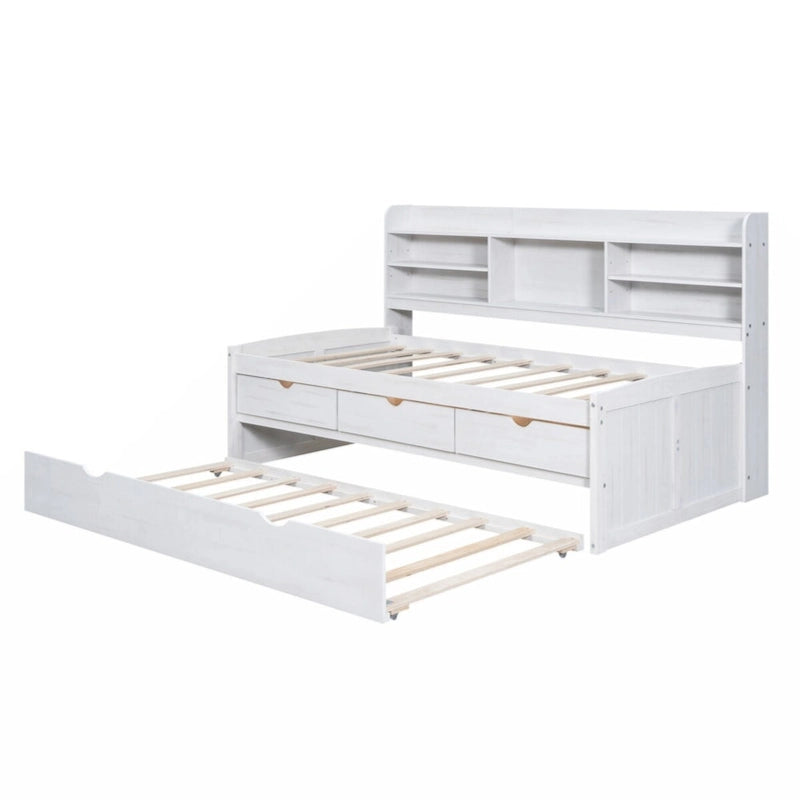 Twin Size Wooden Captain Bed with Built-in Bookshelves,Three Storage Drawers and Trundle, White Wash