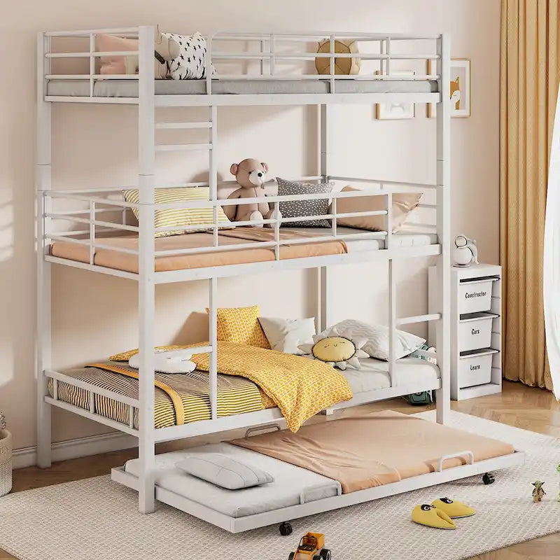 Metal Twin Size Triple Bunk Bed With Trundle