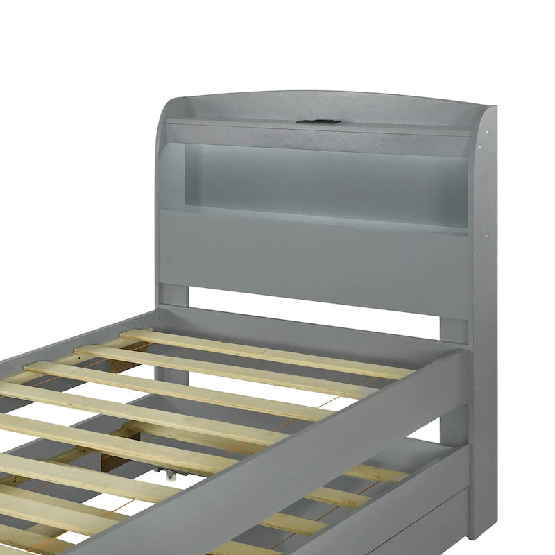 Twin XL Size Platform Bed with Storage LED Headboard, Charging Station, Twin Size Trundle and 2 Drawers
