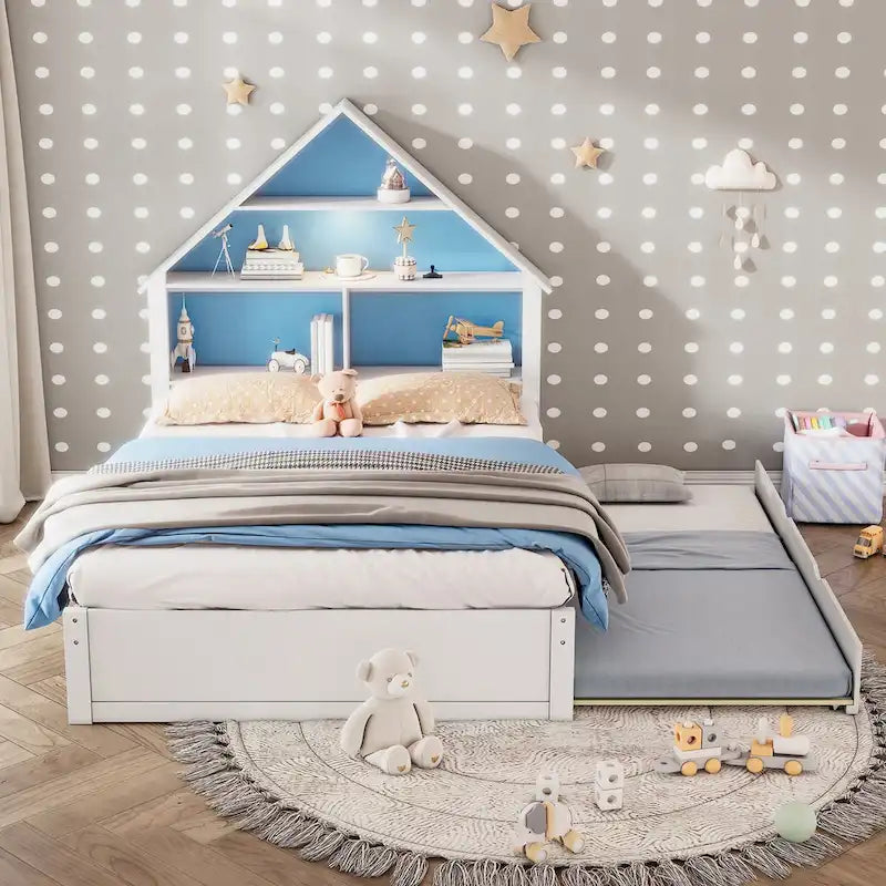 Full Size House-Shaped Bed with Bookcase Headboard and Led Light and Twin Size Trundle for Kids Boys Girls, Pink+ White