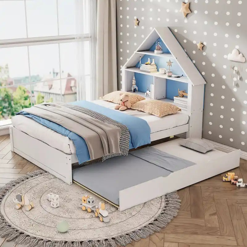 Full Size House-Shaped Bed with Bookcase Headboard and Led Light and Twin Size Trundle for Kids Boys Girls, Pink+ White