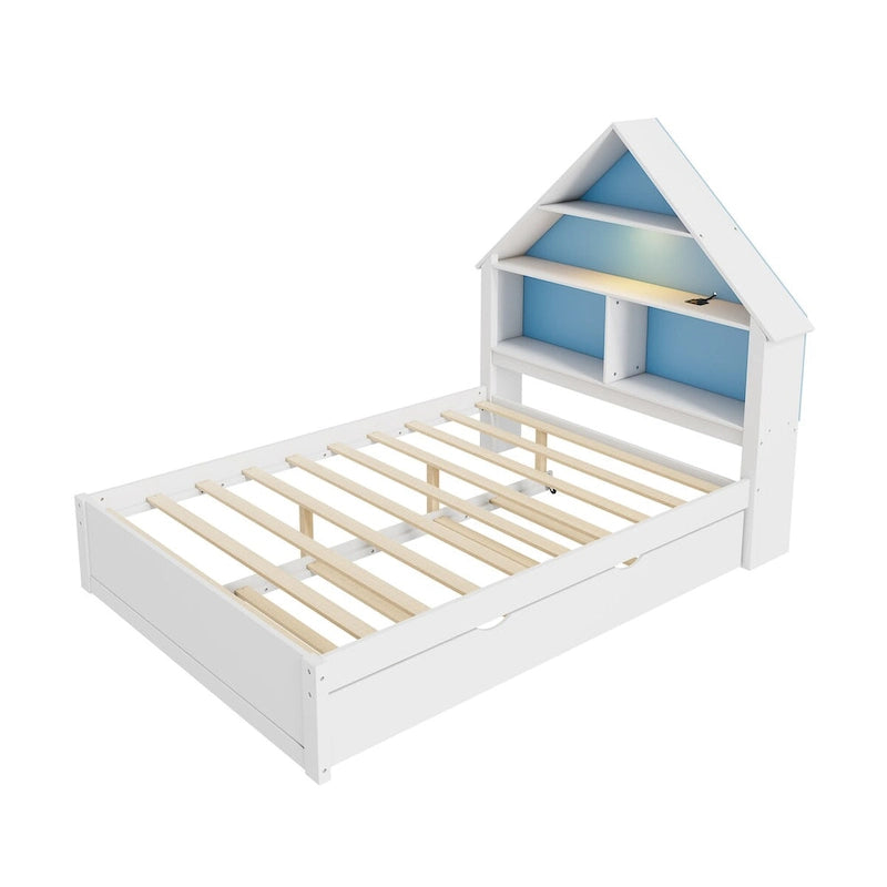 Full Size House-Shaped Bed with Bookcase Headboard and Led Light and Twin Size Trundle for Kids Boys Girls, Pink+ White