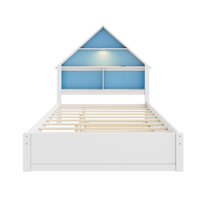 Full Size House-Shaped Bed with Bookcase Headboard and Led Light and Twin Size Trundle for Kids Boys Girls, Pink+ White