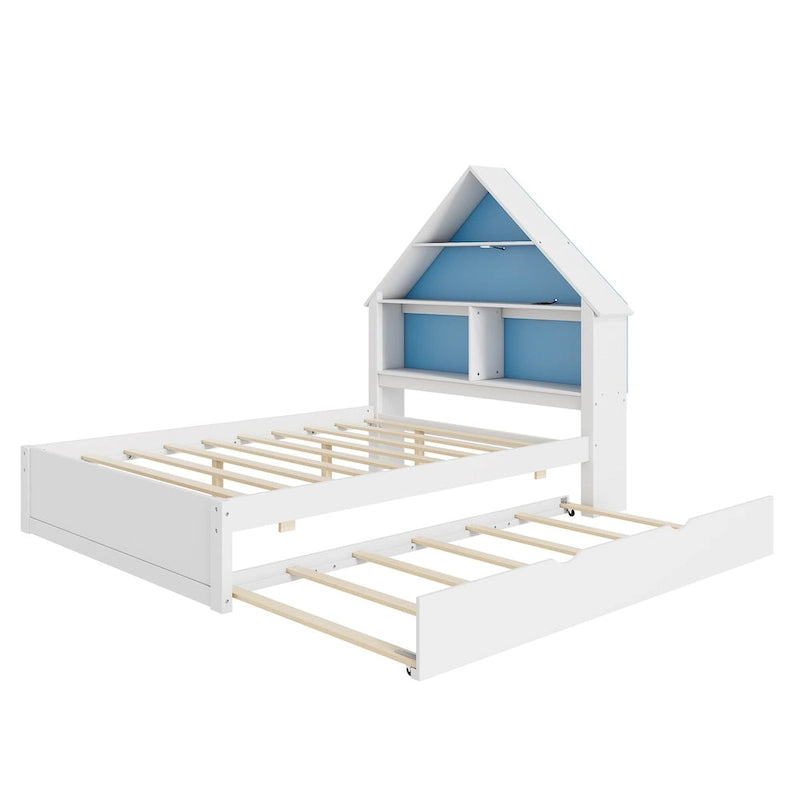 Full Size House-Shaped Bed with Bookcase Headboard and Led Light and Twin Size Trundle for Kids Boys Girls, Pink+ White