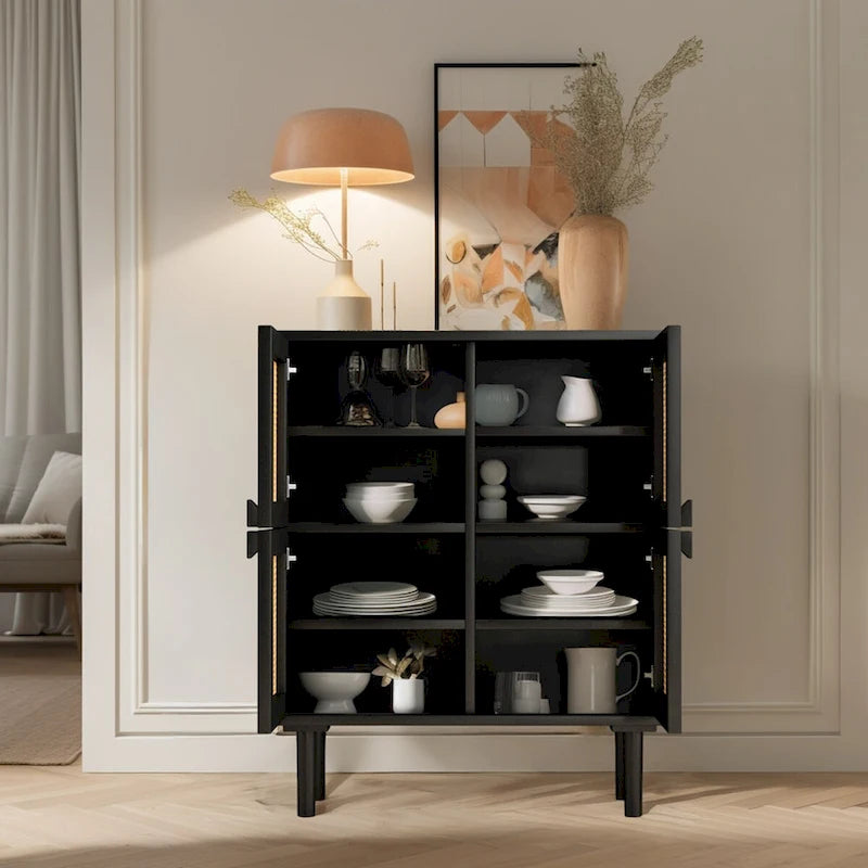 4-Doors Rattan Mesh Storage Cabinet, Sideboard with Eight Storage Spaces