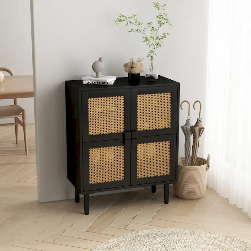 4-Doors Rattan Mesh Storage Cabinet, Sideboard with Eight Storage Spaces