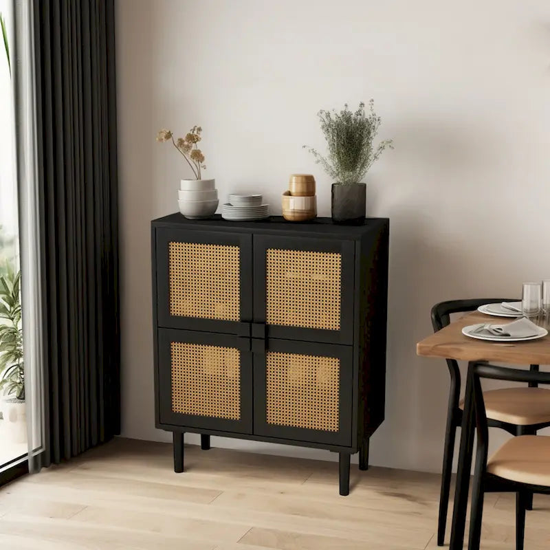 4-Doors Rattan Mesh Storage Cabinet, Sideboard with Eight Storage Spaces
