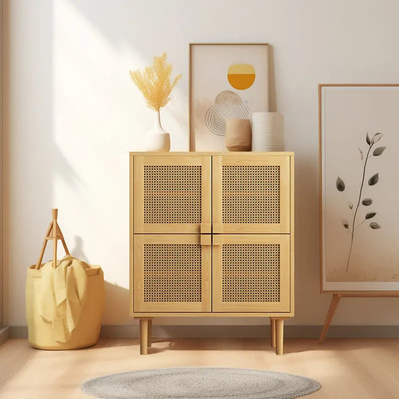 4-Doors Rattan Mesh Storage Cabinet, Sideboard with Eight Storage Spaces