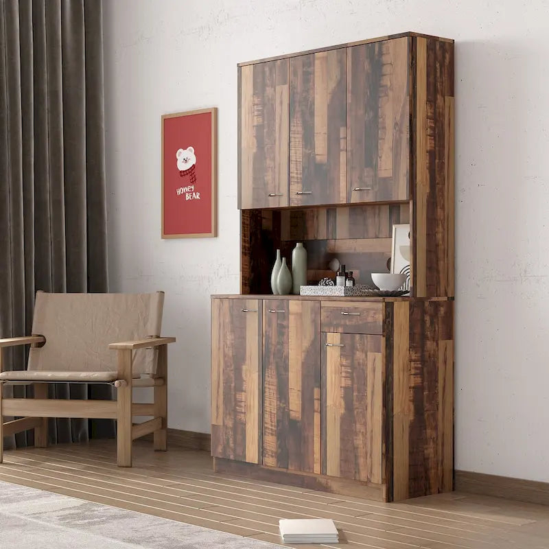 70.87 Tall Wardrobe& Kitchen Cabinet, with 6-Doors, 1-Open Shelves and 1-Drawer for bedroom