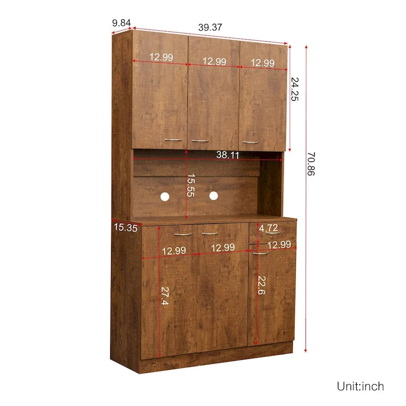 70.87 Tall Wardrobe& Kitchen Cabinet, with 6-Doors, 1-Open Shelves and 1-Drawer for bedroom
