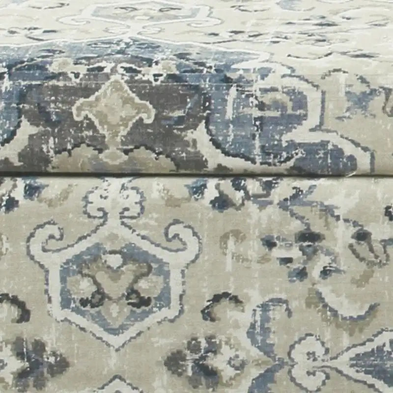 Medallion Print Fabric Upholstered Wooden Bench With Hinged Storage, Large, Blue and Cream