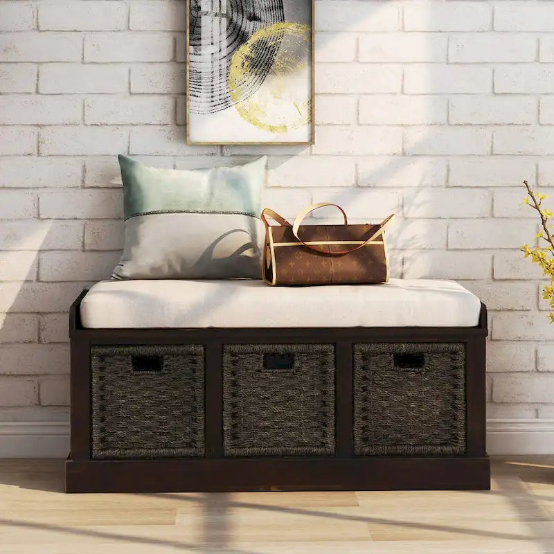 Entryway Bench with 3 Removable Classic Rattan Baskets - 43.7L x 15.7W x 17H