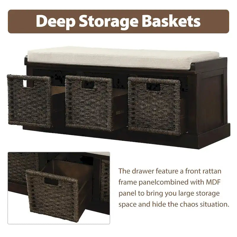 Entryway Bench with 3 Removable Classic Rattan Baskets - 43.7L x 15.7W x 17H