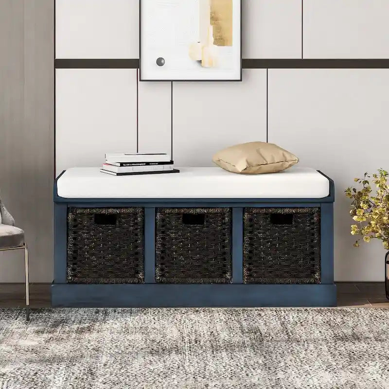 Entryway Bench with 3 Removable Classic Rattan Baskets - 43.7L x 15.7W x 17H